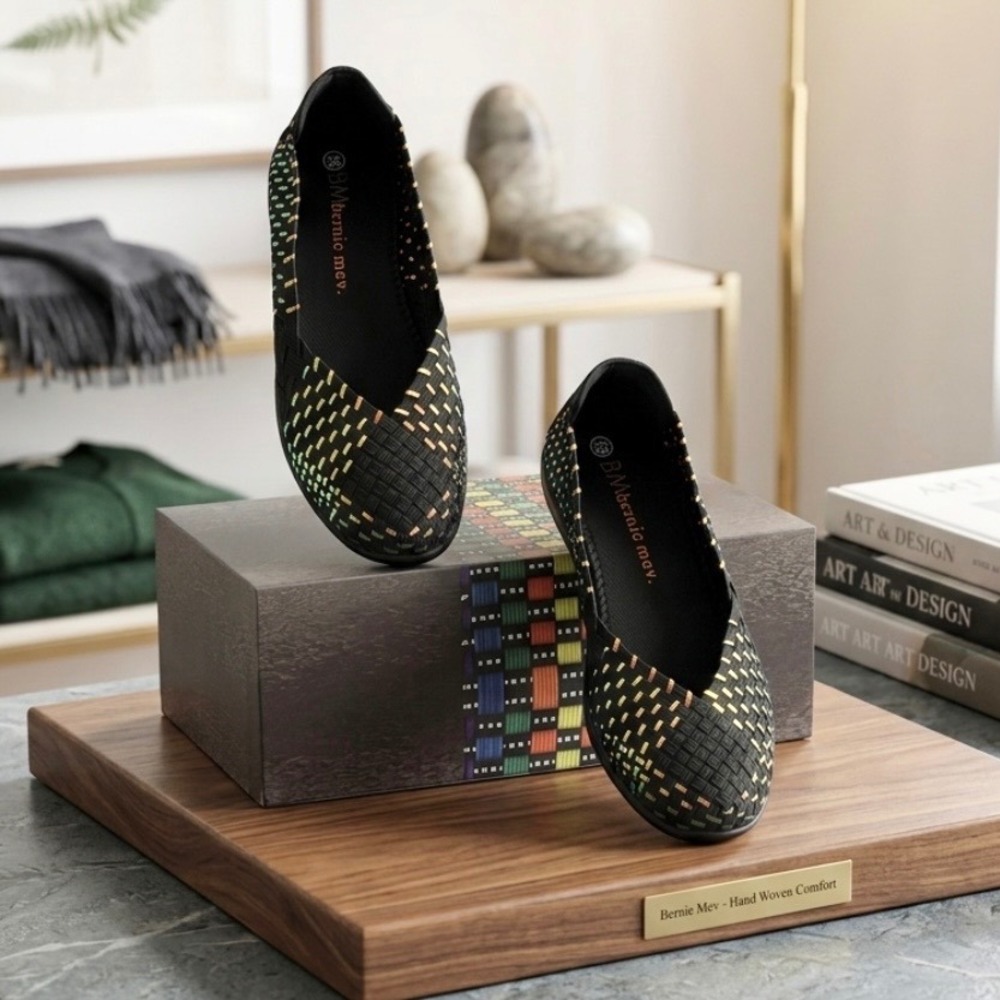 Bernie Mev Catwalk Ballet Flats Black Iridescent Woven Elastic EU 38 US 7.5-8